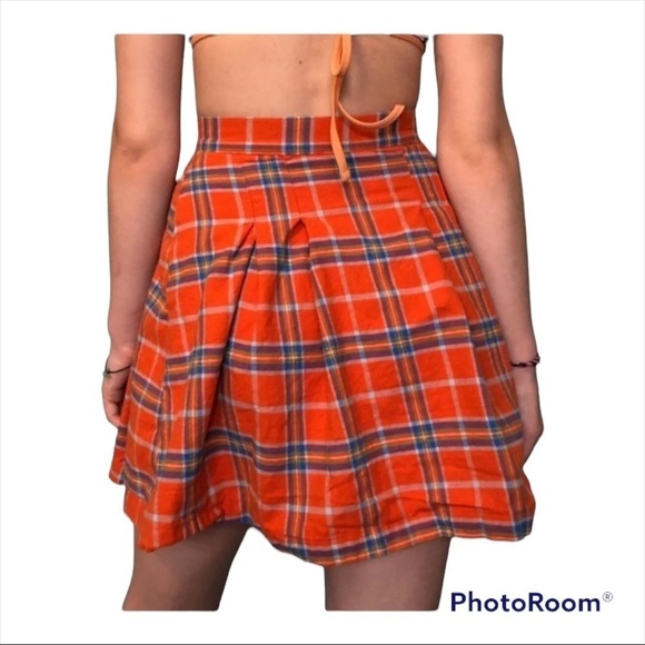 THE RAGGED PRIEST Orange Plaid Tartan Cotton Mini Skirt Chain Detail Size Small - Picture 2 of 7